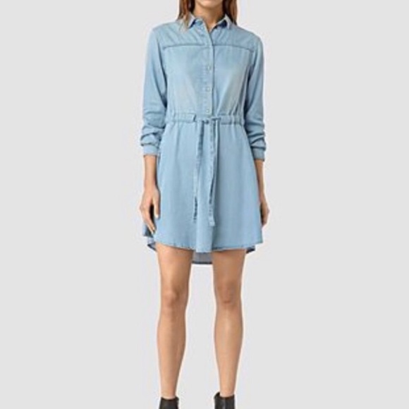 AllSaints SANKO Blue Denim Shirt Dress Button Front Drawstring - Picture 2 of 11